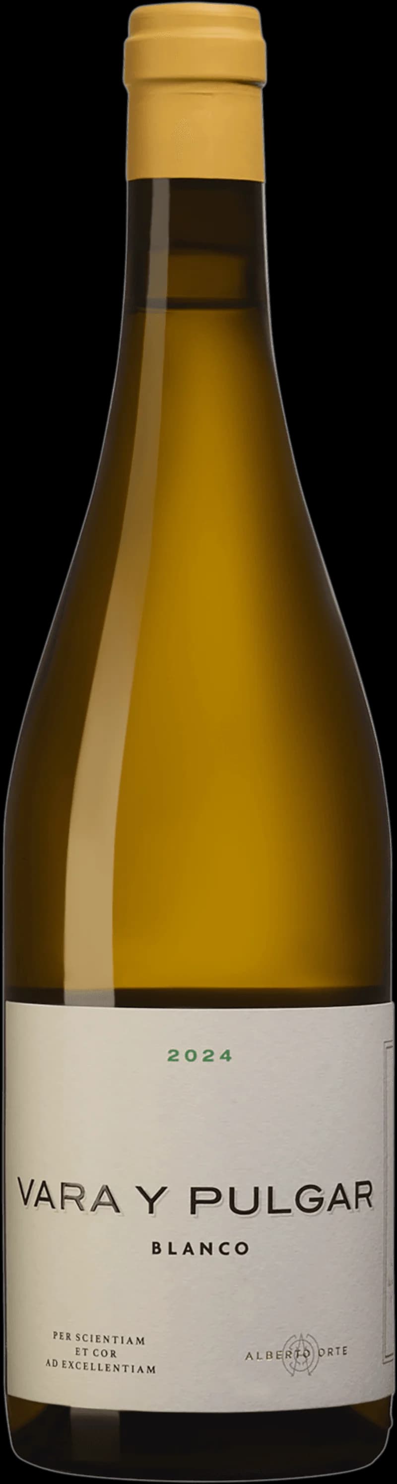 Flaska vitt vin från Vara y Pulgar på en ljus bakgrund.