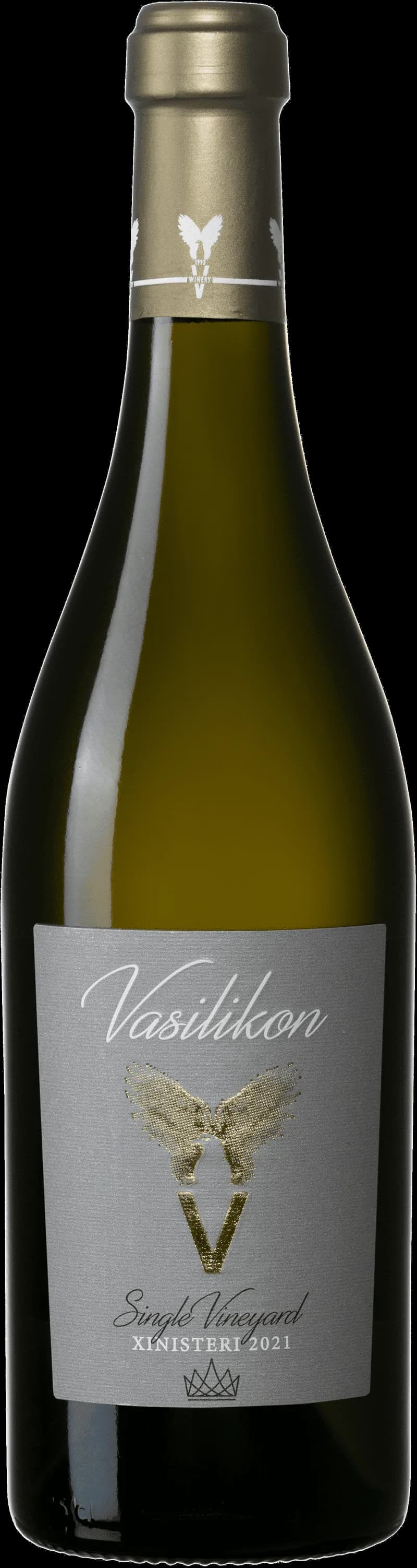 Flaska med Vasilikon vitt vin på en bordsservering.