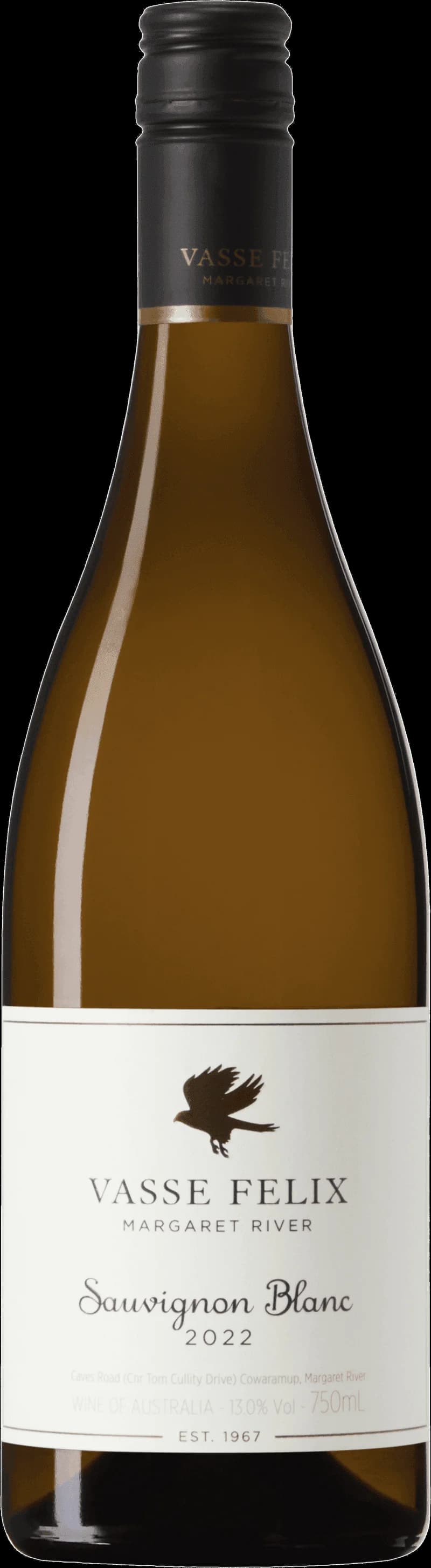 Flaska av Vasse Felix vitt vin mot ljus bakgrund