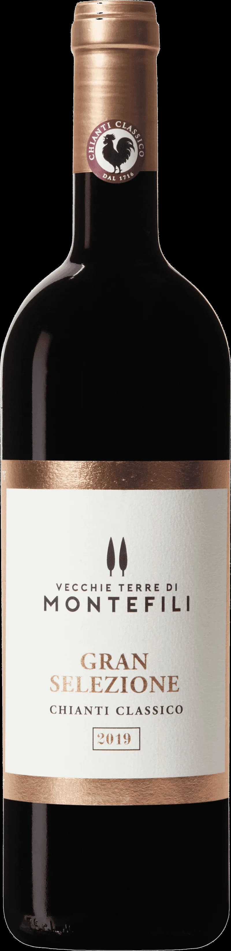 Flaska rött vin från Vecchie Terre di Montefili mot neutral bakgrund.