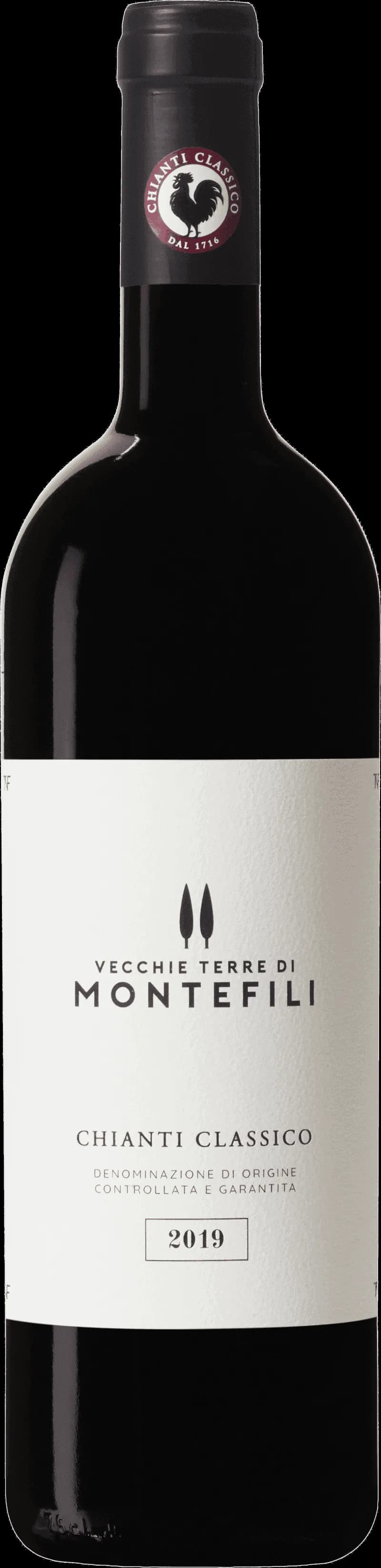 Flaska och glas med rött vin från Vecchie Terre di Montefili.