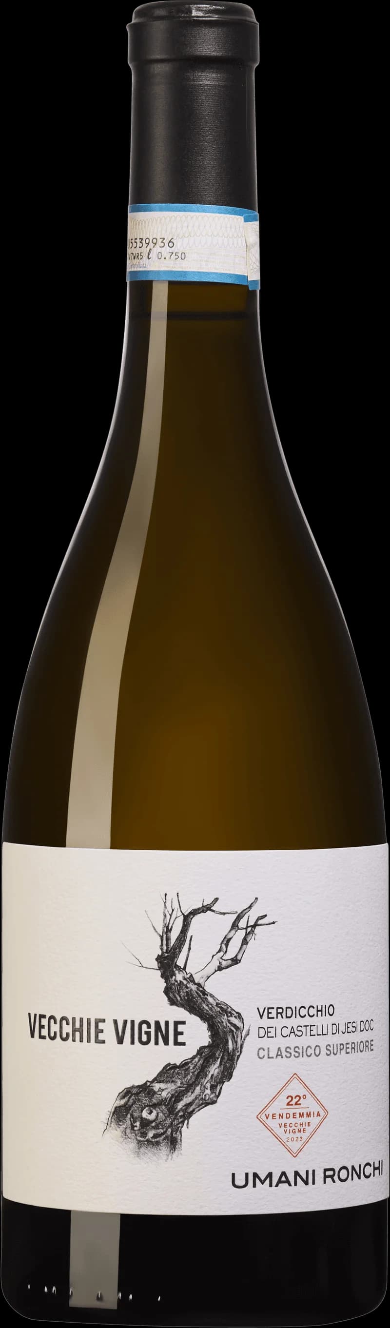 Flaska och glas med Vitt vin Vecchie Vigne Verdicchio från Italien