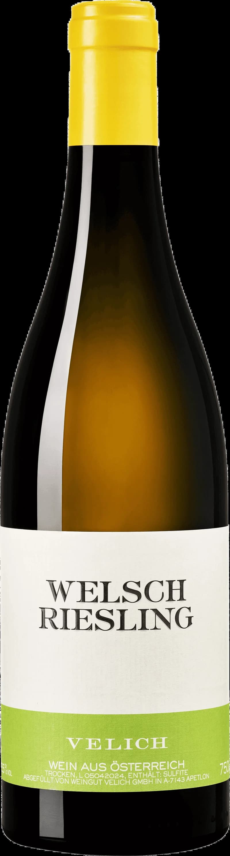 Flaska med Velich Welschriesling vitt vin mot ljus bakgrund.