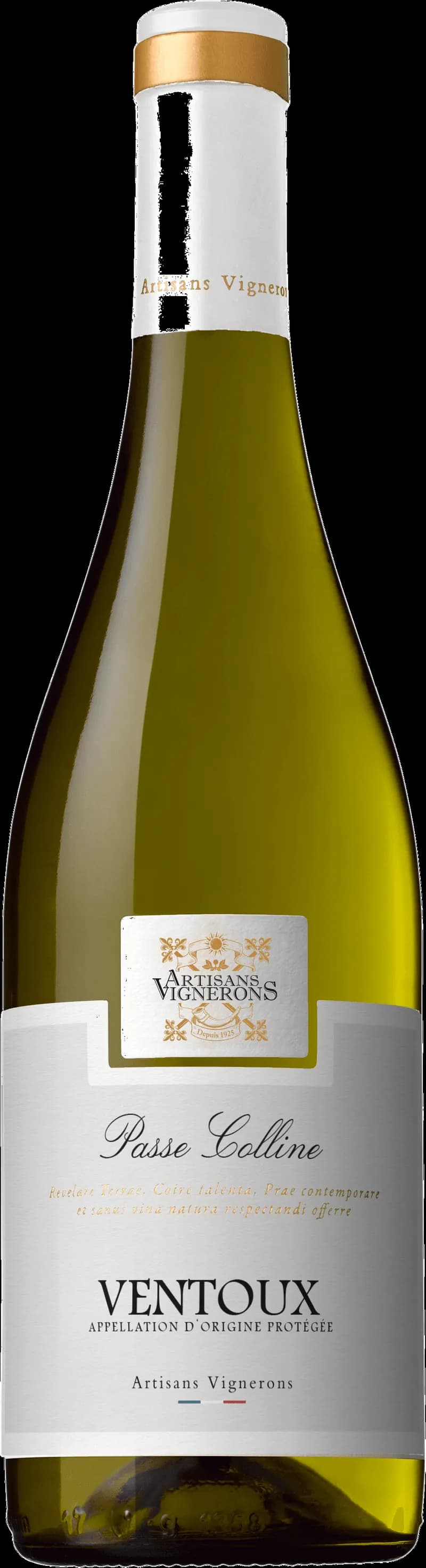 Flaska med vitt vin från Ventoux, stående mot en ljus bakgrund.