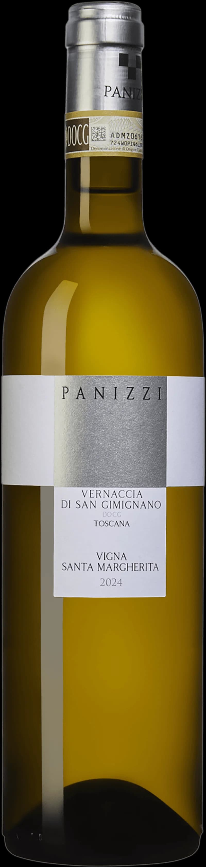 Flaska och glas med Vernaccia di San Gimignano-vin mot en toskansk bakgrund.
