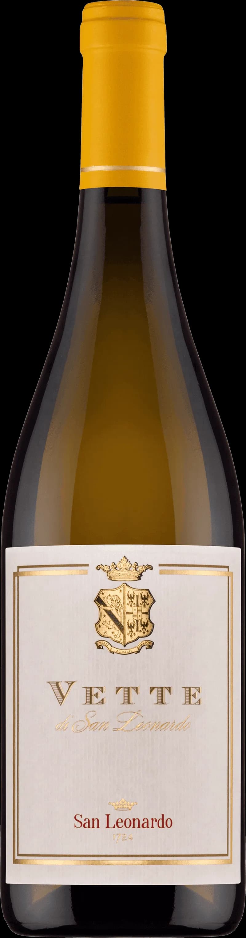 Flaska av Vette di San Leonardo vitt vin på vit bakgrund.