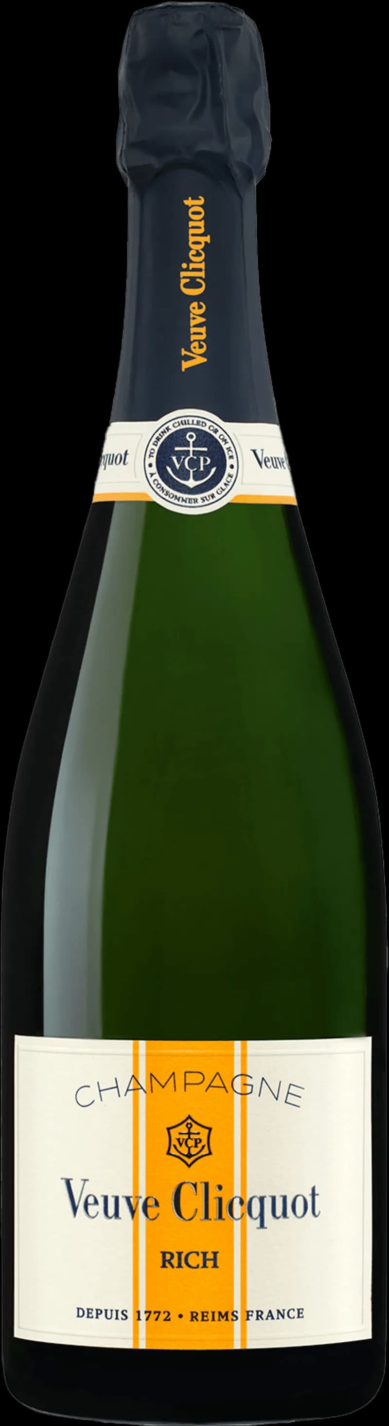 Flaska Veuve Clicquot champagne med etikett och guldhalsband.