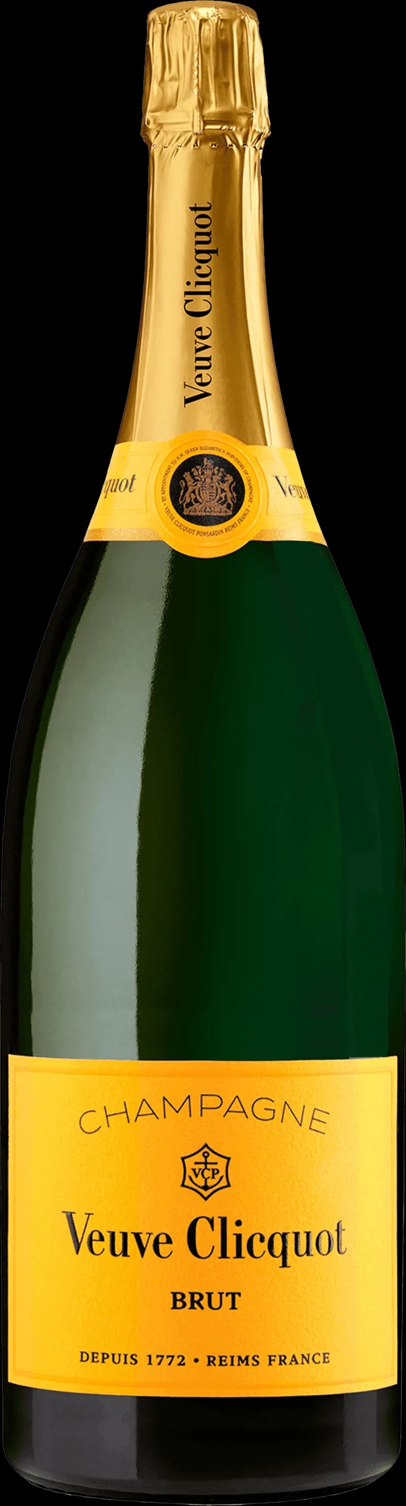 Flaska av Veuve Clicquot mousserande vin mot en elegant bakgrund.