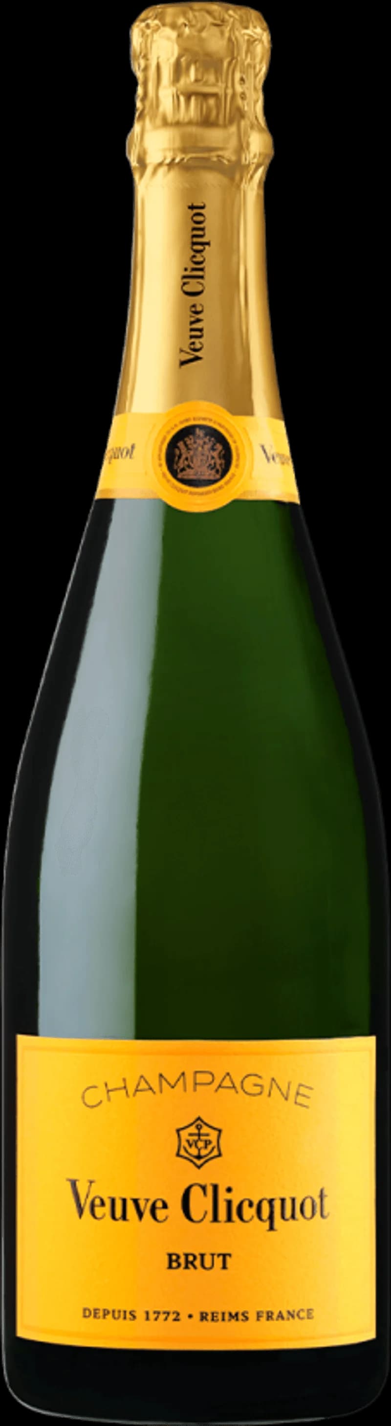Flaska med Veuve Clicquot mousserande vin mot neutral bakgrund.