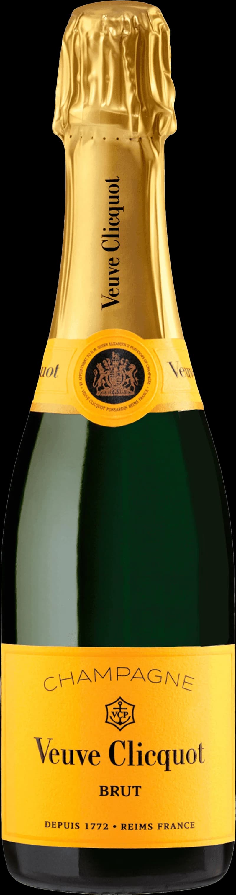 Flaska med Veuve Clicquot mousserande vin mot ljus bakgrund.