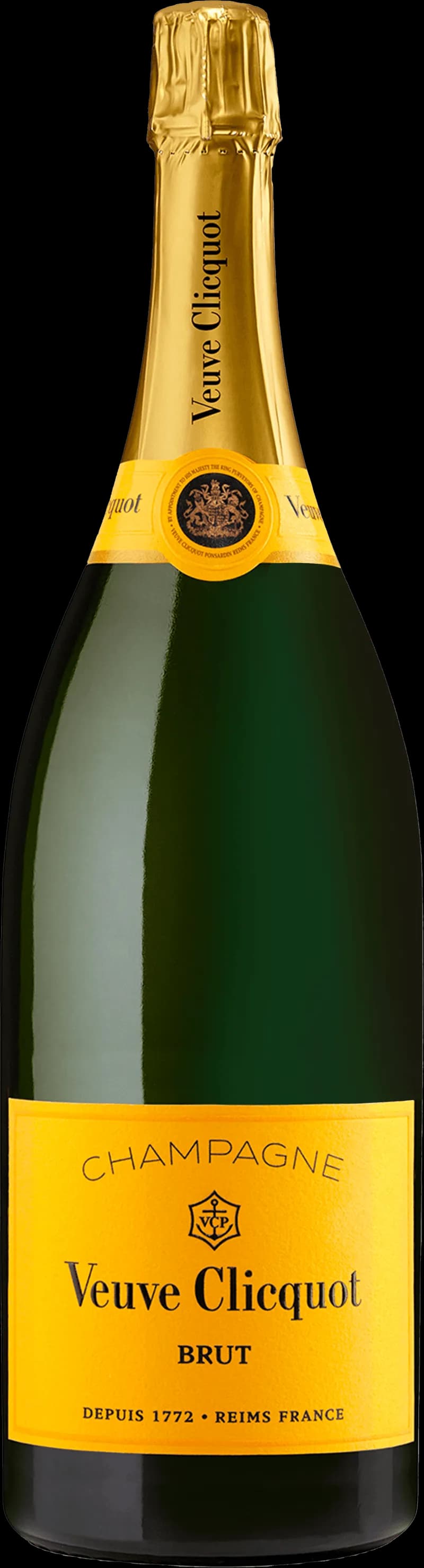 Flaska av Veuve Clicquot champagne på vit bakgrund