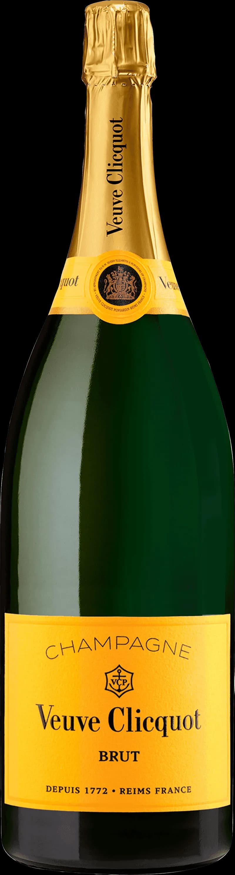 Flaska med Veuve Clicquot mousserande vin mot mörk bakgrund.