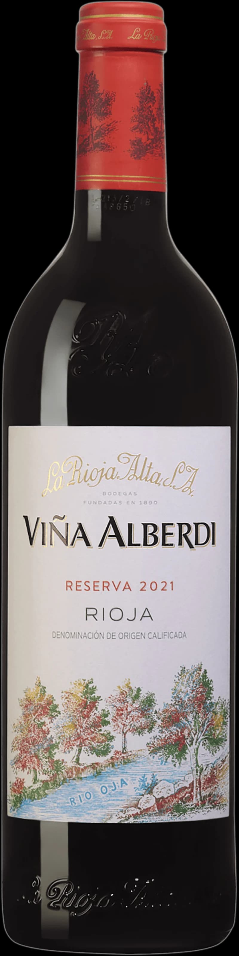 Flaska och glas med Viña Alberdi rött vin mot neutral bakgrund.