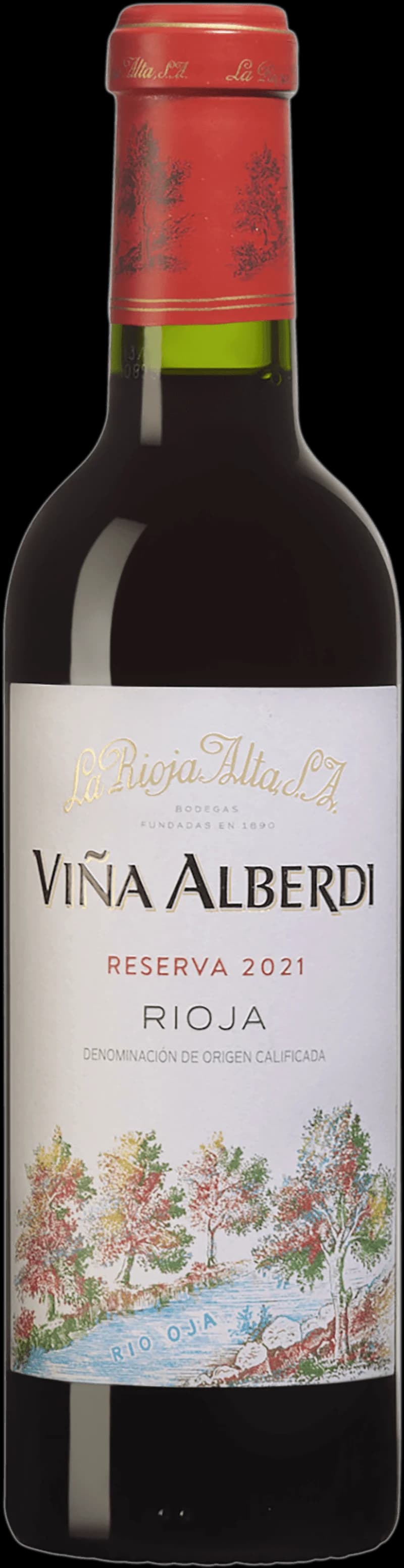 Flaska av Viña Alberdi rött vin mot en mörk bakgrund.
