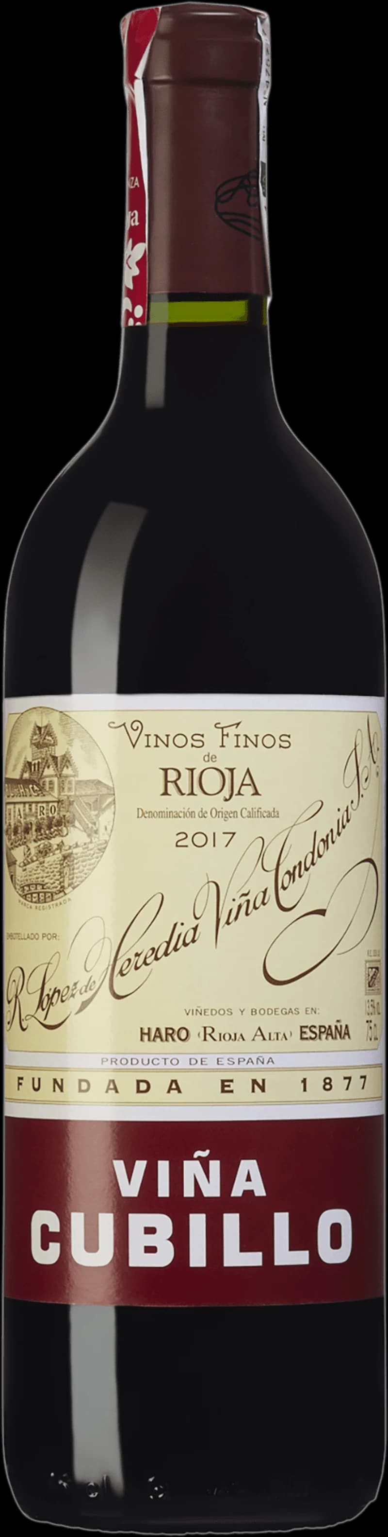 Flaska Viña Cubillo rött vin på bordet med glas i bakgrunden.