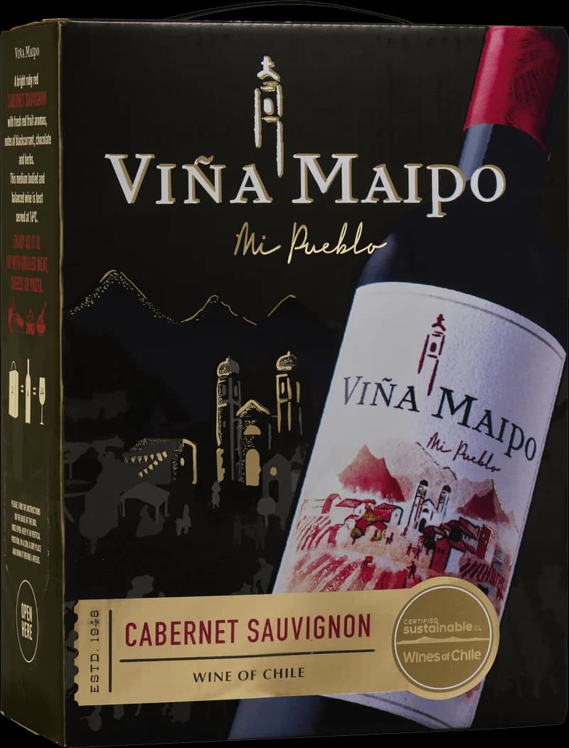 Flaska Viña Maipo rött vin mot en neutral bakgrund.