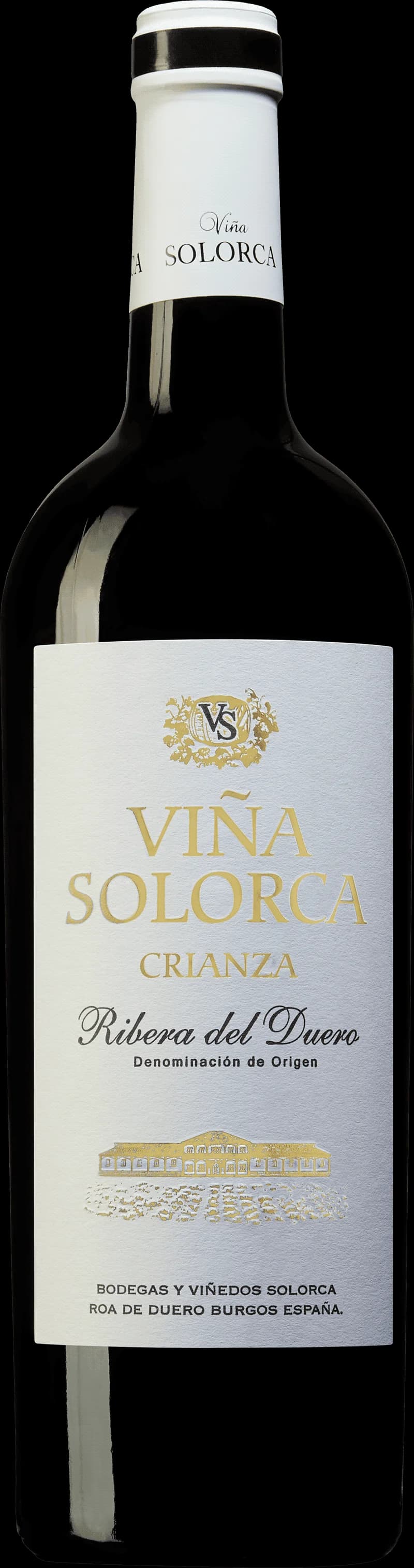 Flaska av Viña Solorca rött vin mot en mörk bakgrund.
