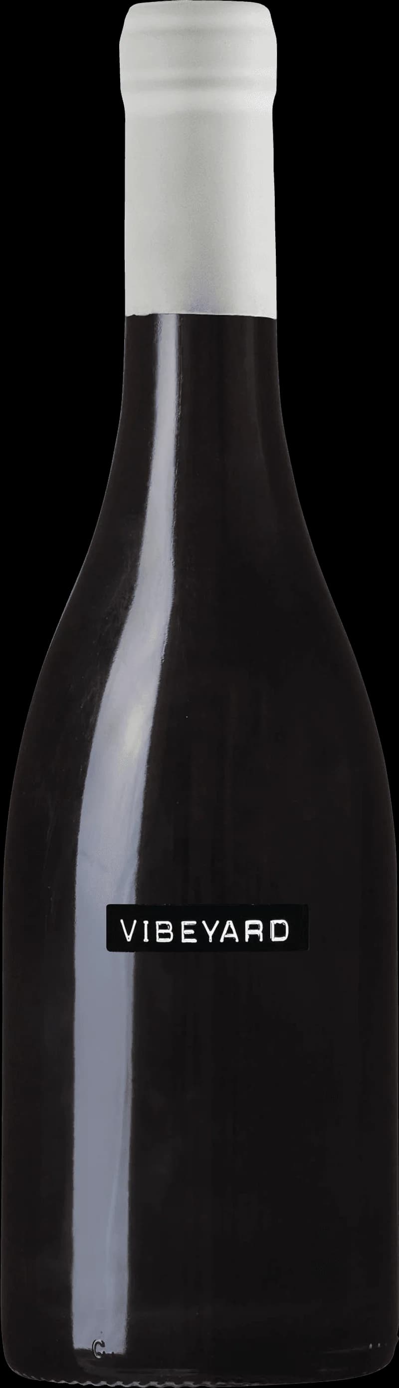 Flaska med vitt vin från Vibeyard på en ljus bakgrund.