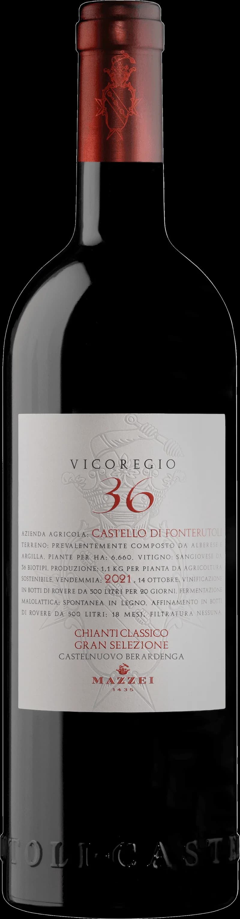Flaska med rött vin från Vicoregio, etikett synlig.