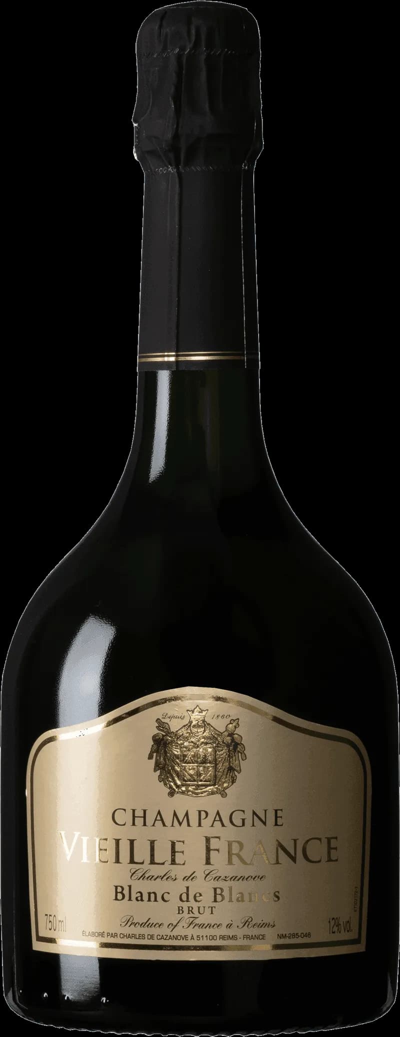 Flaska med Vieille France mousserande vin mot en mörk bakgrund.