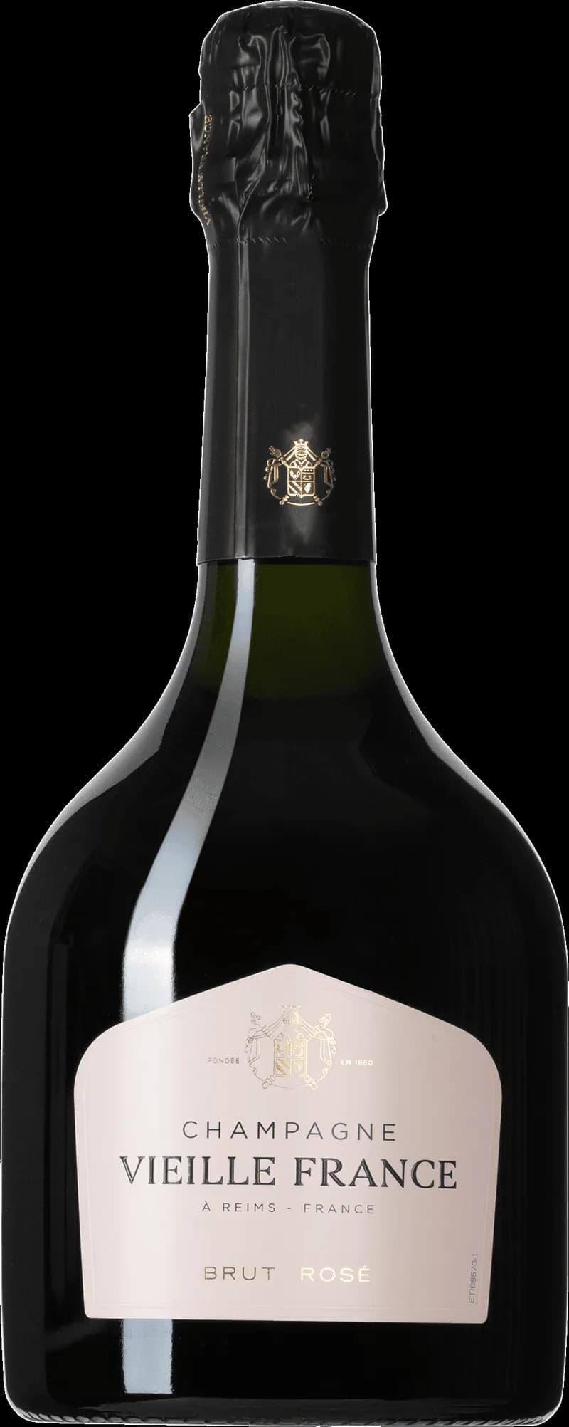 Flaska med Vieille France mousserande vin mot en mörk bakgrund.
