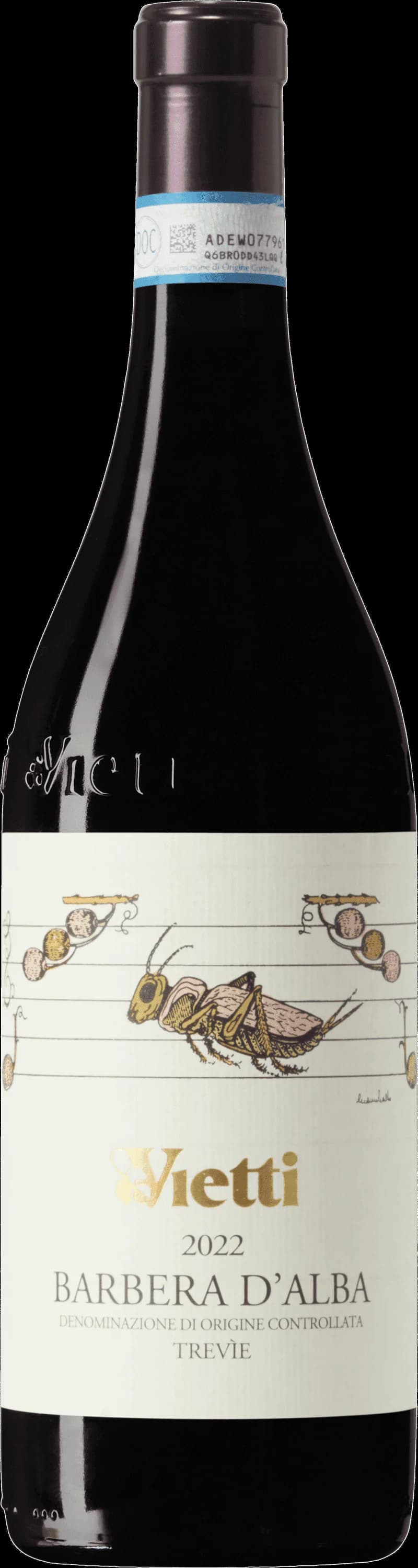 Flaska av Vietti rött vin mot en mörk bakgrund.
