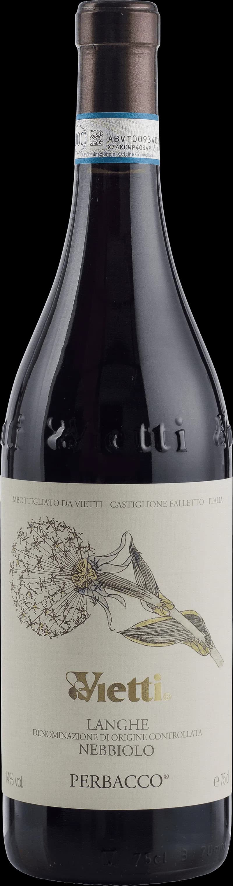 Flaska med Vietti rött vin mot en mörk bakgrund.