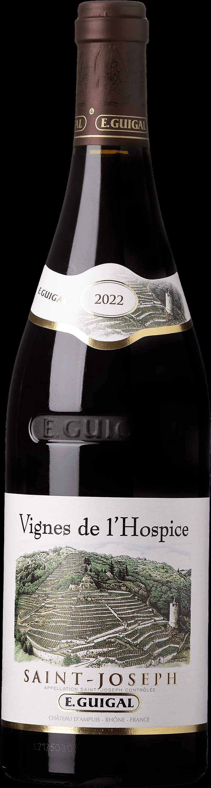 Flaska rött vin från Vignes de l'Hospice på en rustik träbänk.