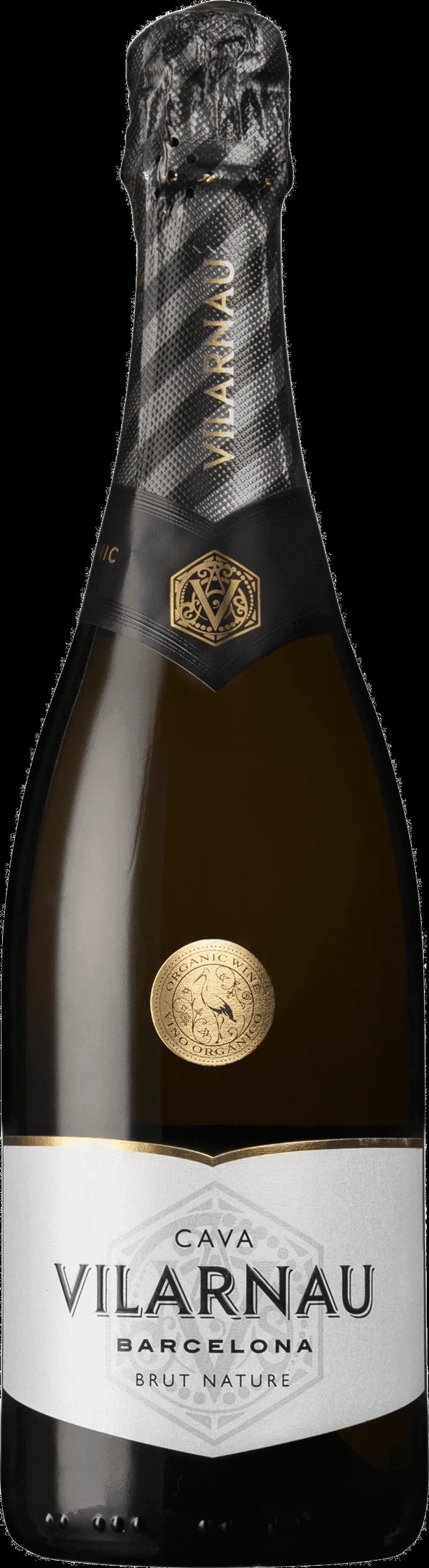 Flaska och glas med Vilarnau mousserande vin, bubblande dryck.
