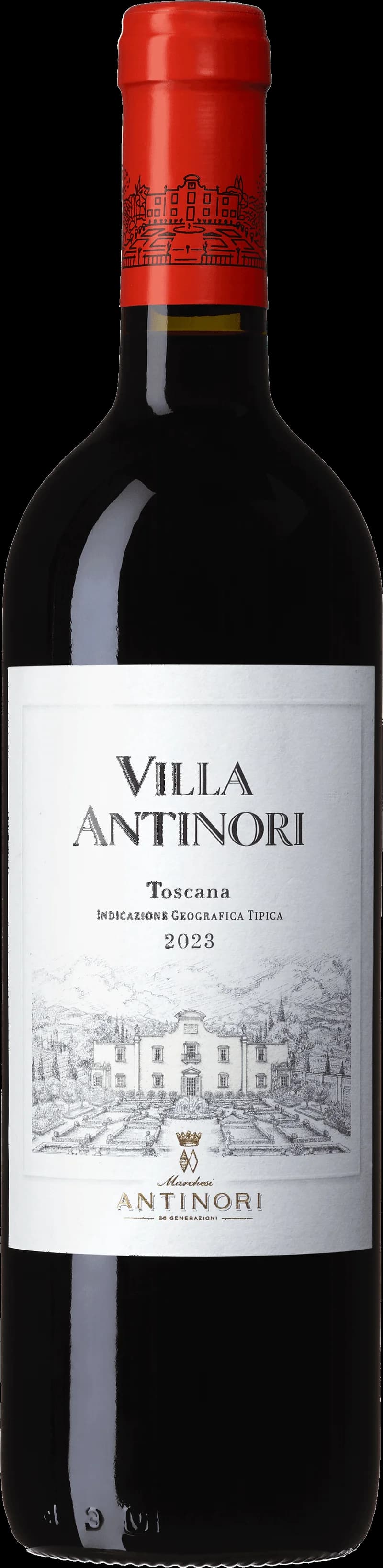 Flaska av Villa Antinori rött vin mot en mörk bakgrund.