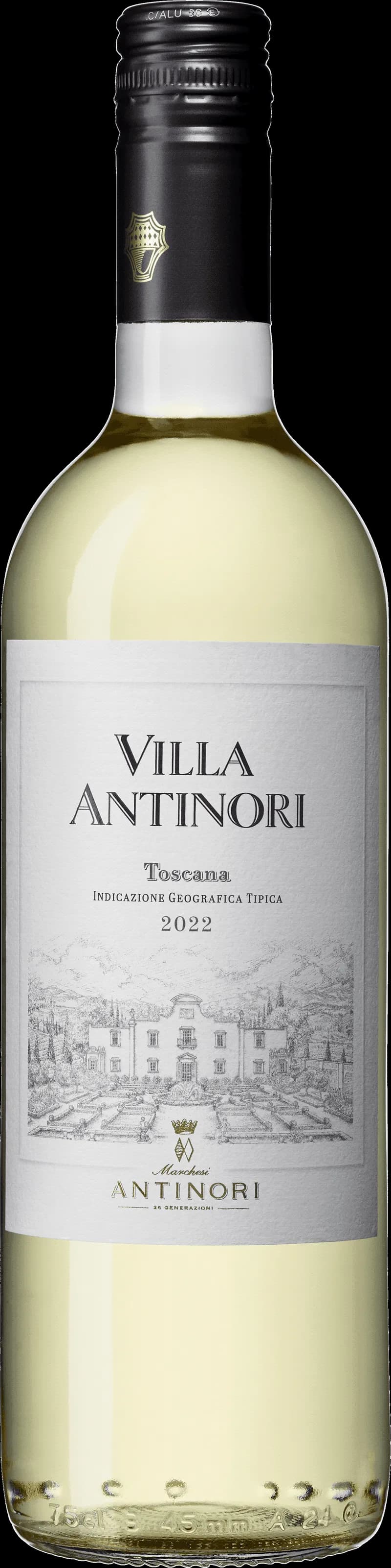 Flaska med Villa Antinori vitt vin mot neutral bakgrund.
