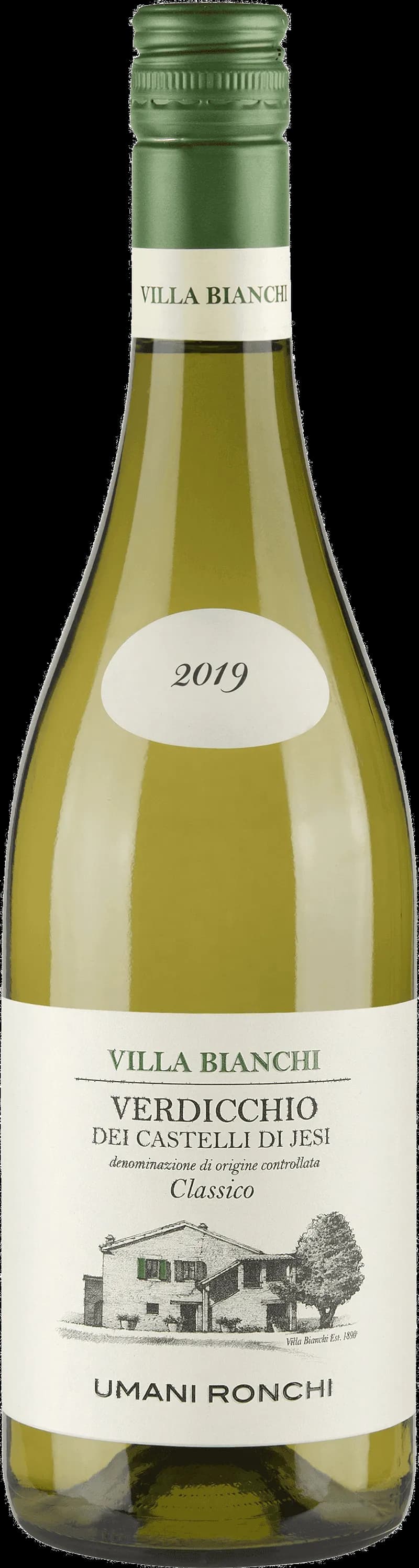 Flaska av Villa Bianchi vitt vin mot en ljus bakgrund.