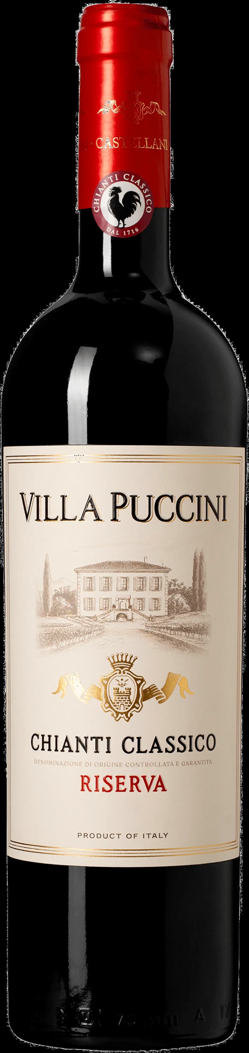Flaska av Villa Puccini rött vin på en bordsservering.