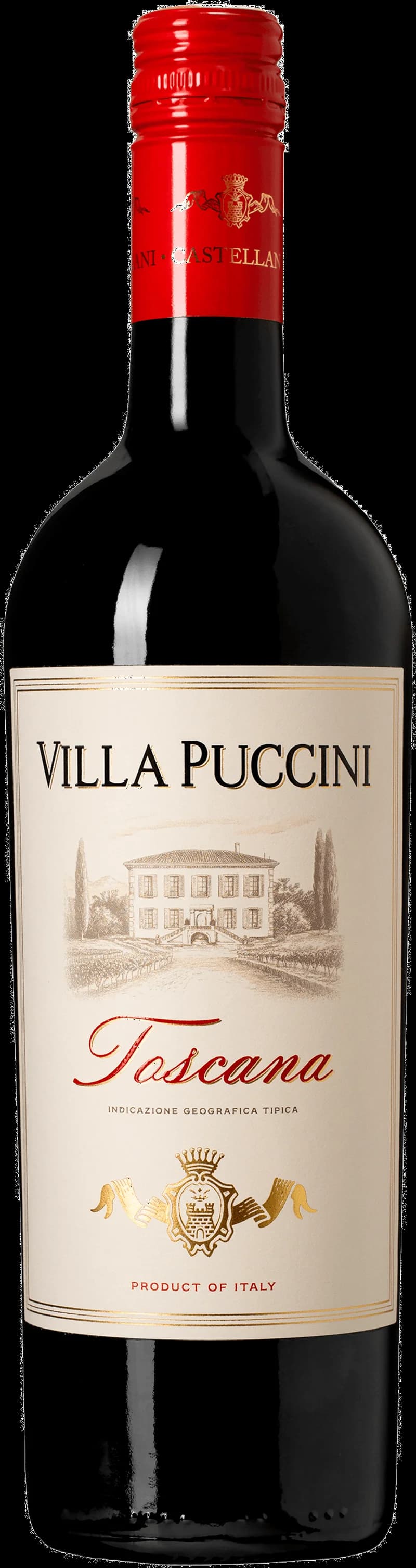 Flaska av Villa Puccini rött vin mot en mörk bakgrund.