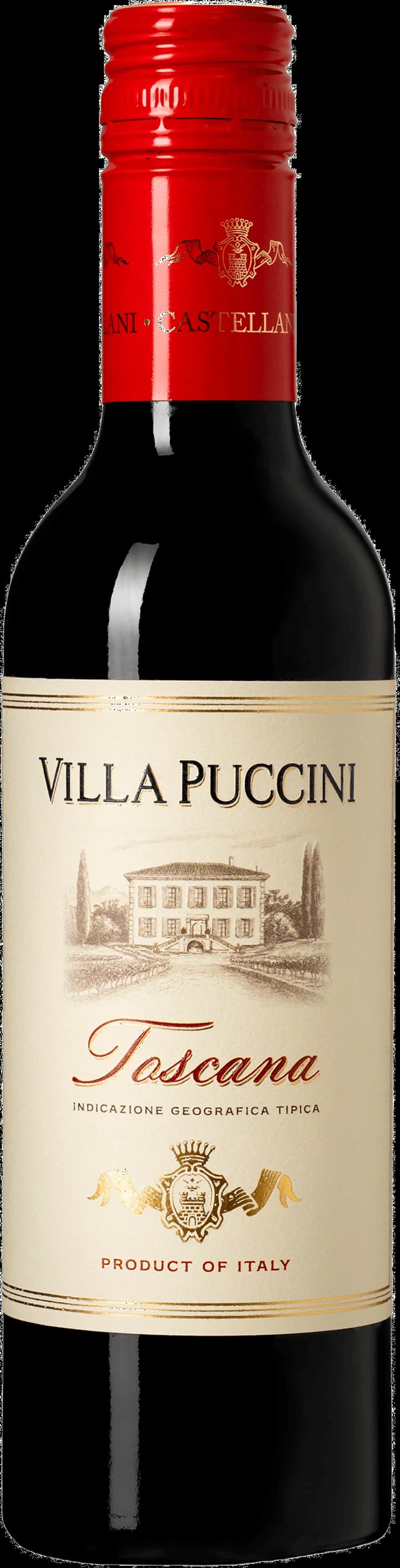 Flaska med Villa Puccini rött vin mot en neutral bakgrund.