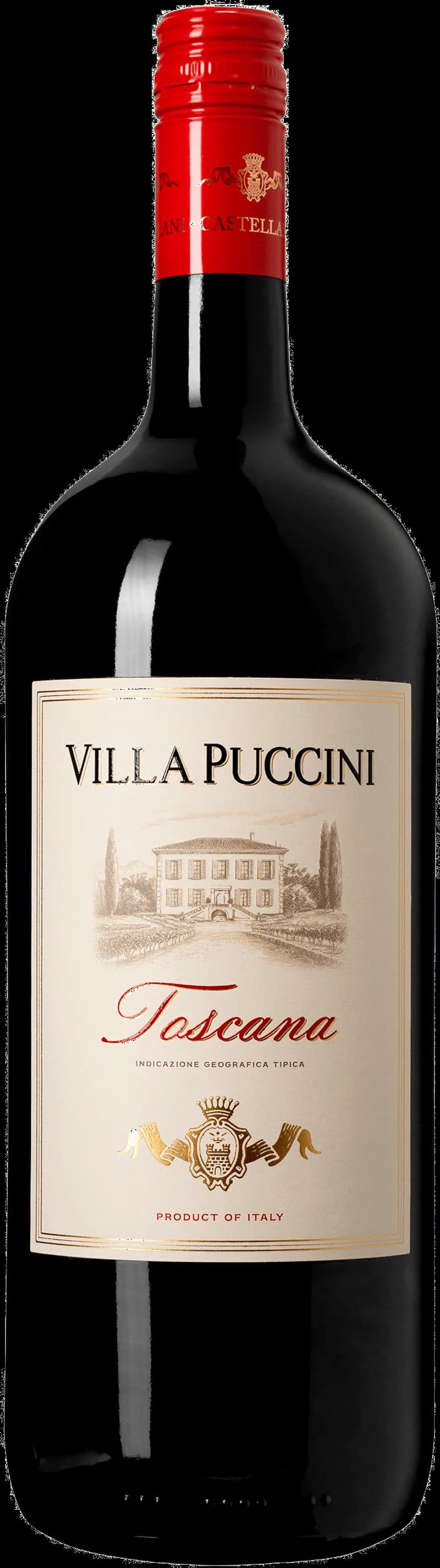 Flaska av rött vin från Villa Puccini på en vit bakgrund.