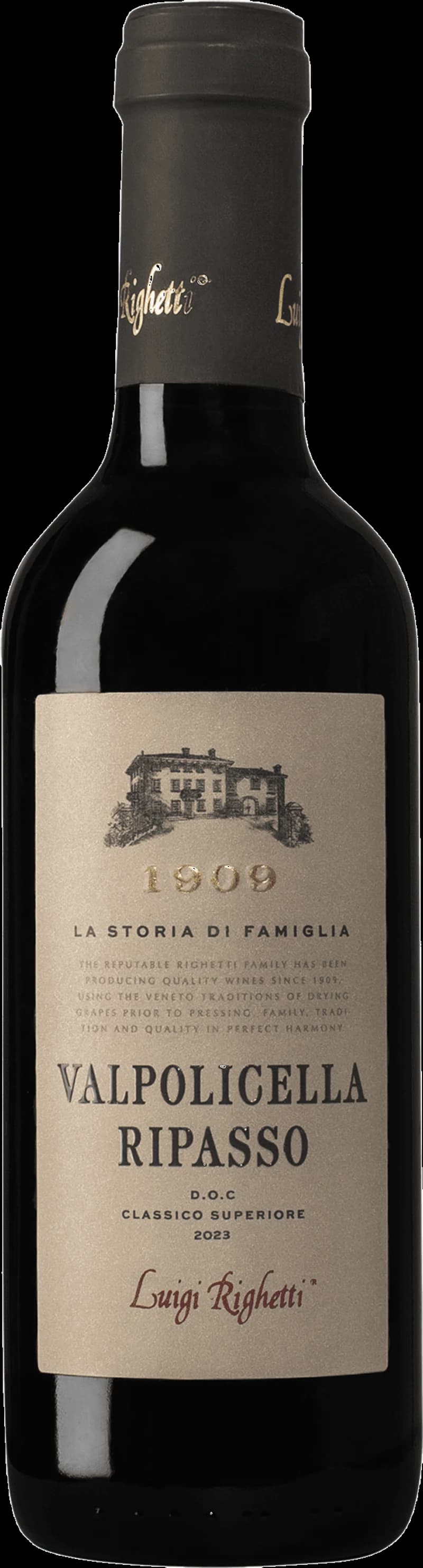 Flaska av rött vin från Villa Righetti på en bordsservering.