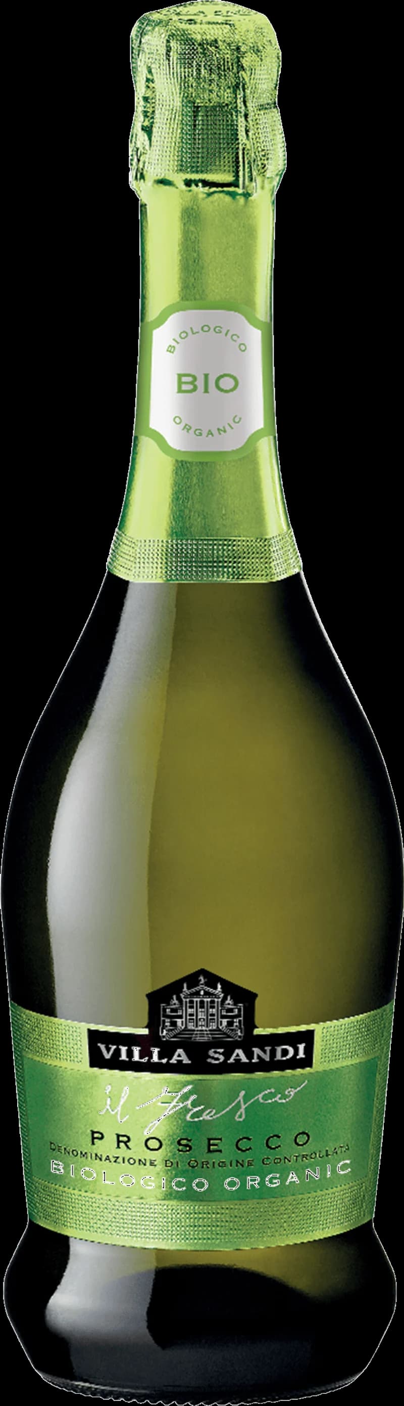 Flaska med Villa Sandi mousserande vin mot en ljus bakgrund.