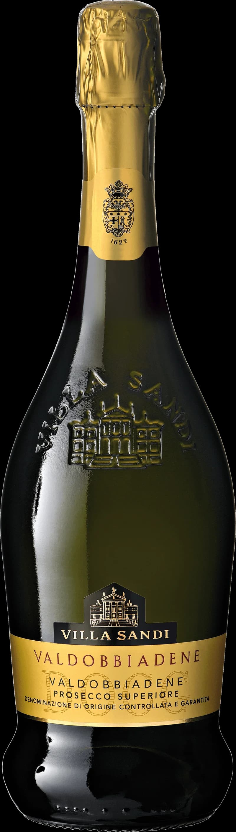 Flaska med Villa Sandi mousserande vin mot ljus bakgrund.