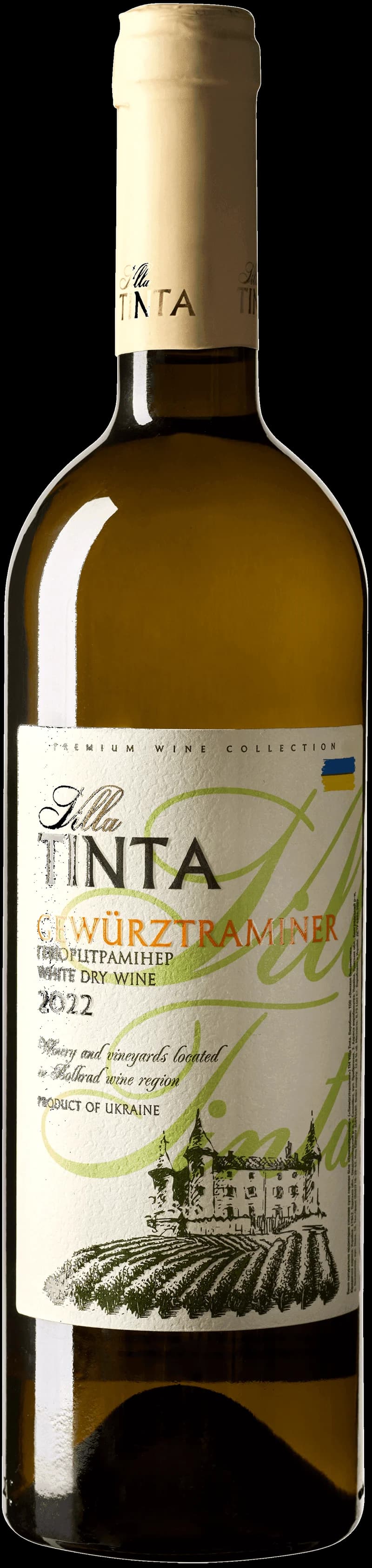 Flaska med vitt vin från Villa Tinta på en bordsservering.