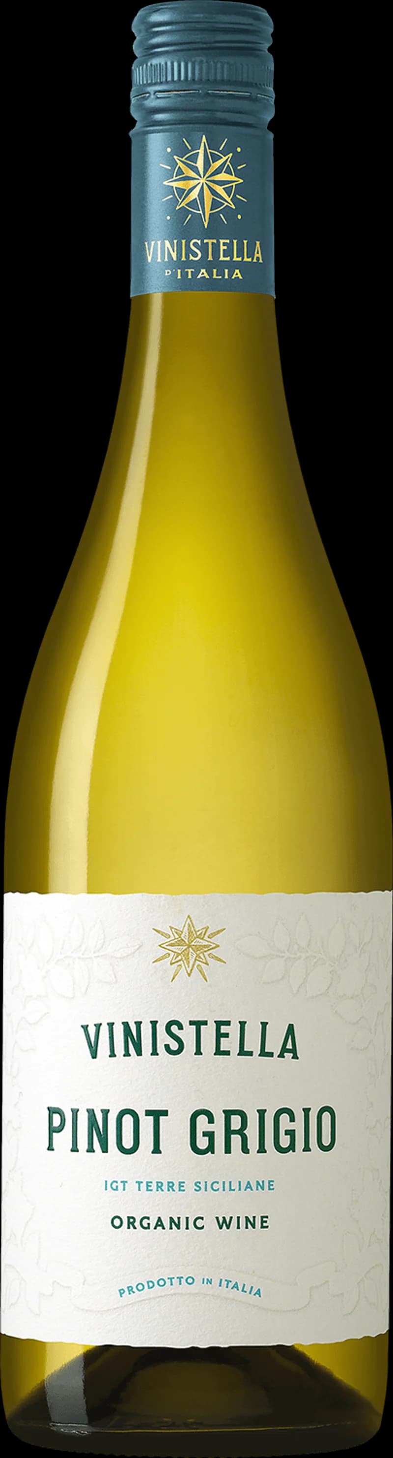 Flaska vitt vin från Vinistella på en ljus bakgrund.