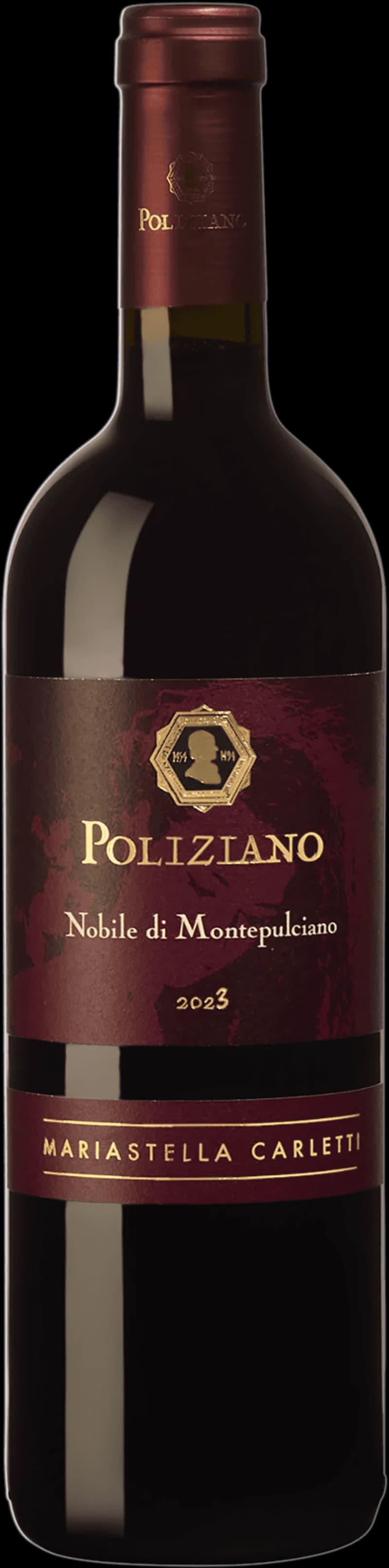 Flaska med Vino Nobile di Montepulciano Maria Stella rött vin mot neutral bakgrund.