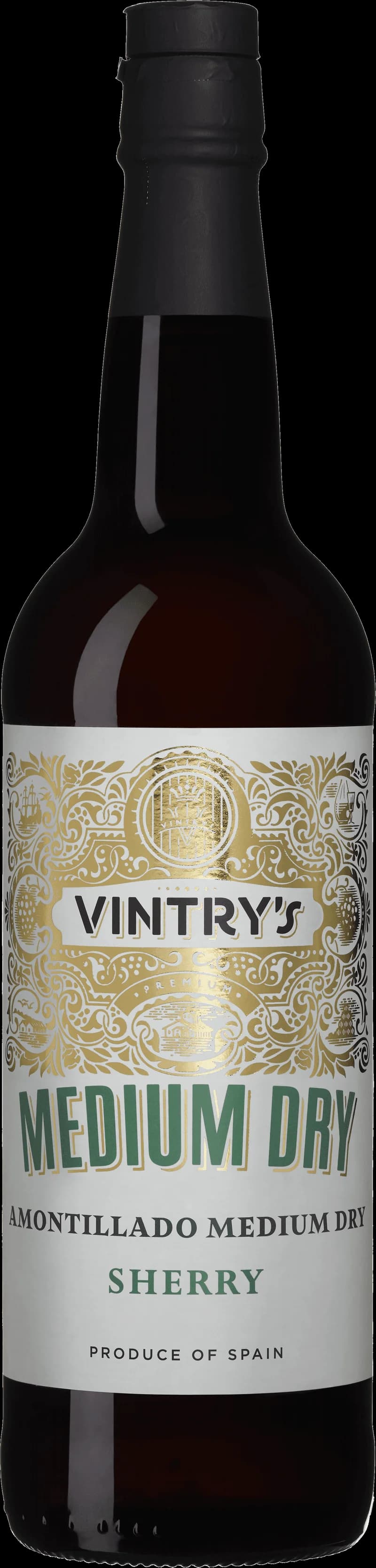 Flaska av Vintry's Amontillado starkvin på ett bord med glas i bakgrunden.