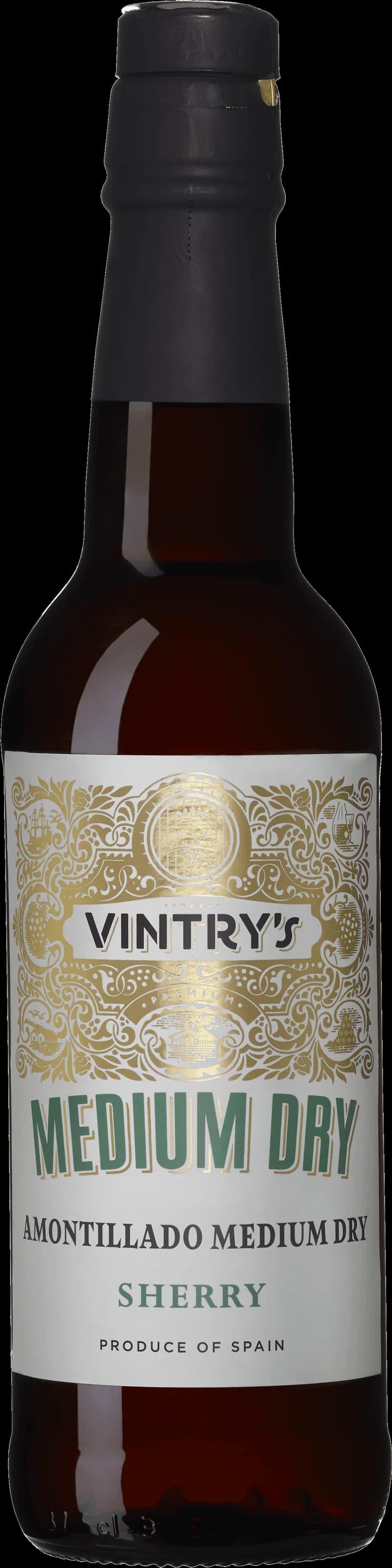 Flaska av Vintry's Amontillado starkvin mot mörk bakgrund.