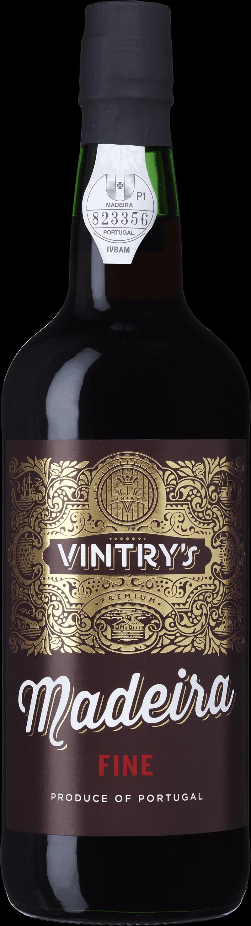 Flaska av Vintry's Madeira Fine starkvin mot neutral bakgrund.