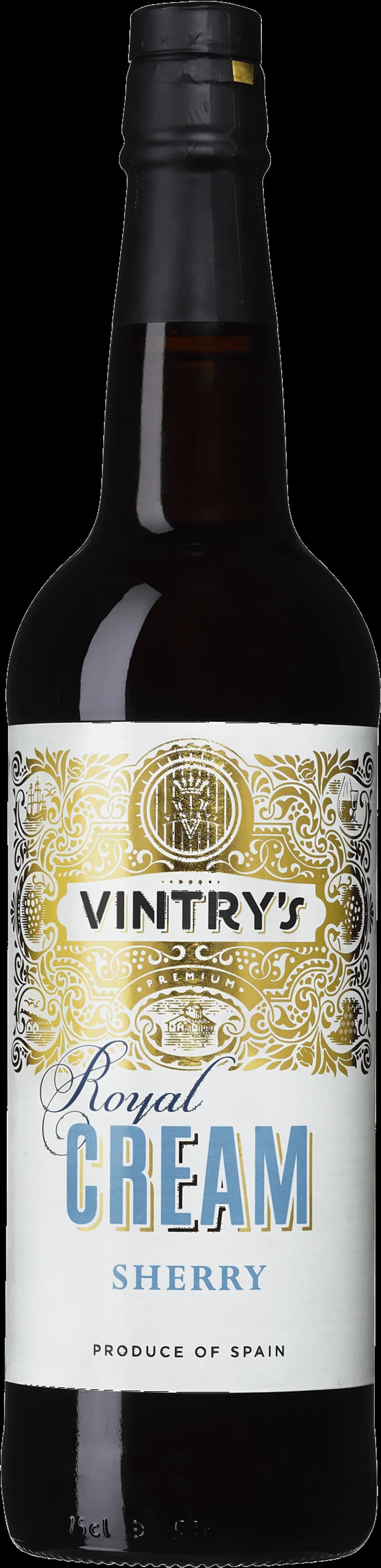Flaska av Vintry's Royal Cream starkvin på vit bakgrund.