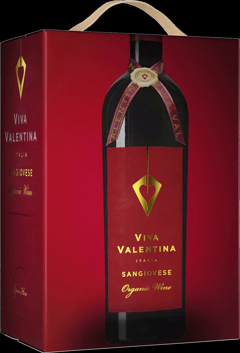 Flaska med rött vin Viva Valentina mot mörk bakgrund
