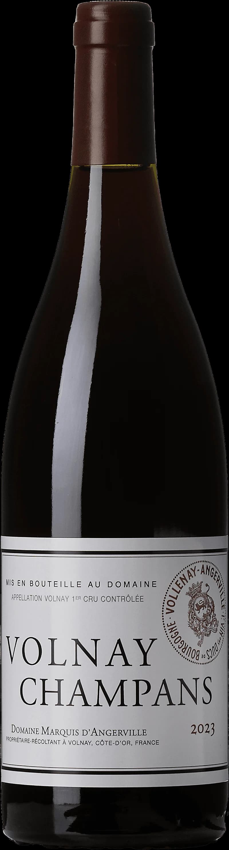 Flaska med rött vin från Volnay 1er Cru Champans, Bourgogne.