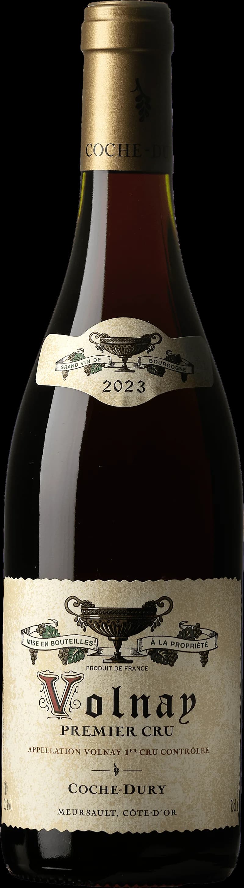 Flaska Volnay Premier Cru rött vin på bordet