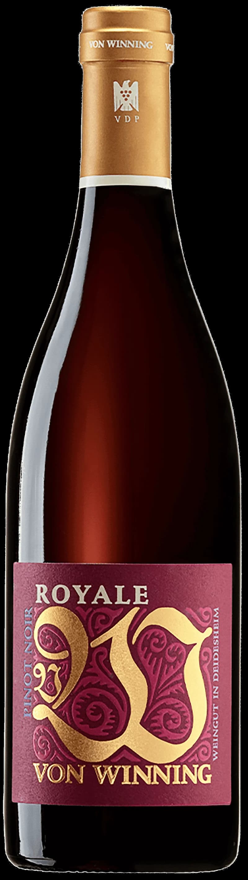 Flaska av Von Winning rött vin på bordet.